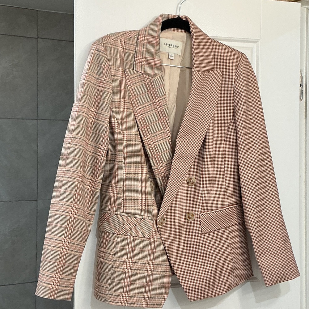 Liverpool Pink Plaid Double-Breasted Blazer